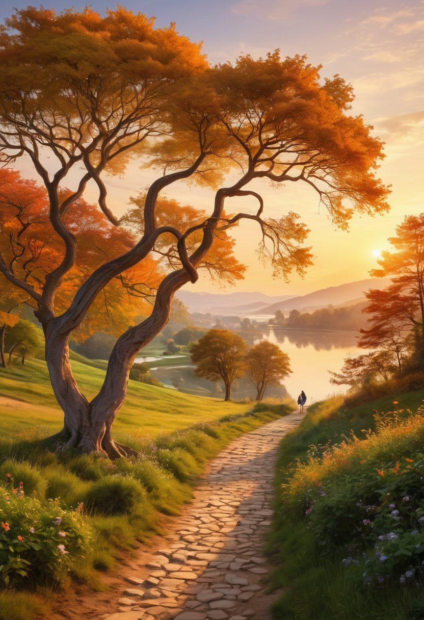 A serene, picturesque landscape featuring a winding path symbolizing the journey of love, with vibrant heart-shaped trees lining the sides. In the foreground, a couple, hand in hand, gazing into each other's eyes, embodying warmth and connection. Soft, golden sunset light casts a romantic glow over the scene, enhancing the emotional atmosphere. The background should feature hills and a tranquil lake, inviting viewers to feel a sense of peace and romance. super-realistic. vibrant colors. romantic atmosphere.