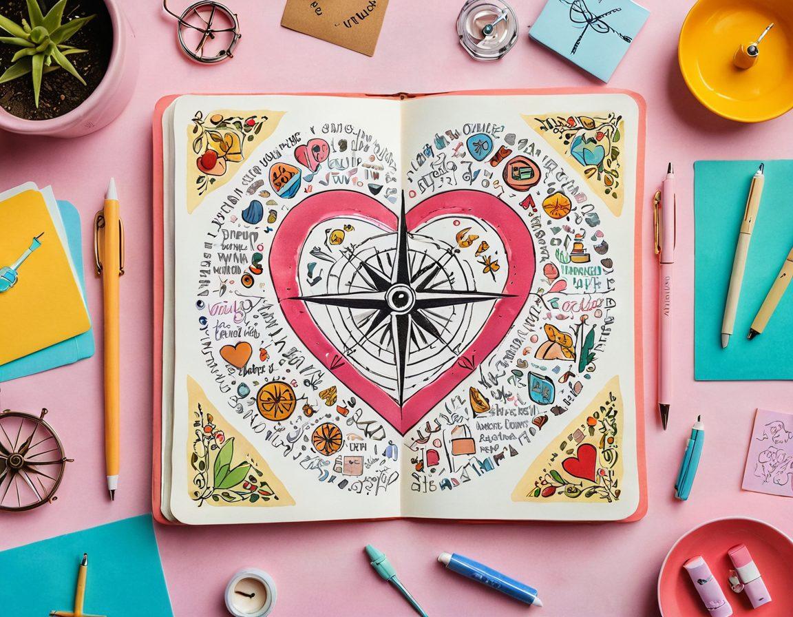 A whimsical collage featuring a heart-shaped compass symbolizing love direction, paired with a notebook filled with handwritten dating advice. Surrounding the main elements, soft illustrations of diverse couples sharing joyful moments in various romantic settings (parks, cafes, etc.). Bright pastel colors enhance the warmth of companionship. cartoon-style. vibrant colors. light background.