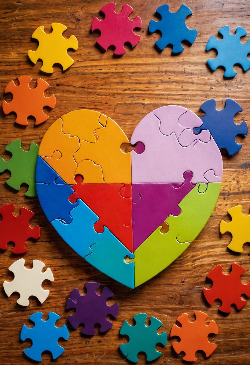 A heart-shaped puzzle illustrating two pieces fitting together, symbolizing trust and passion in partnerships. Surround the puzzle with soft, warm colors representing warmth and connection, with silhouettes of diverse couples in the background sharing joyful moments. Include symbols of collaboration like gears or hands joining together. super-realistic. vibrant colors. soft focus.